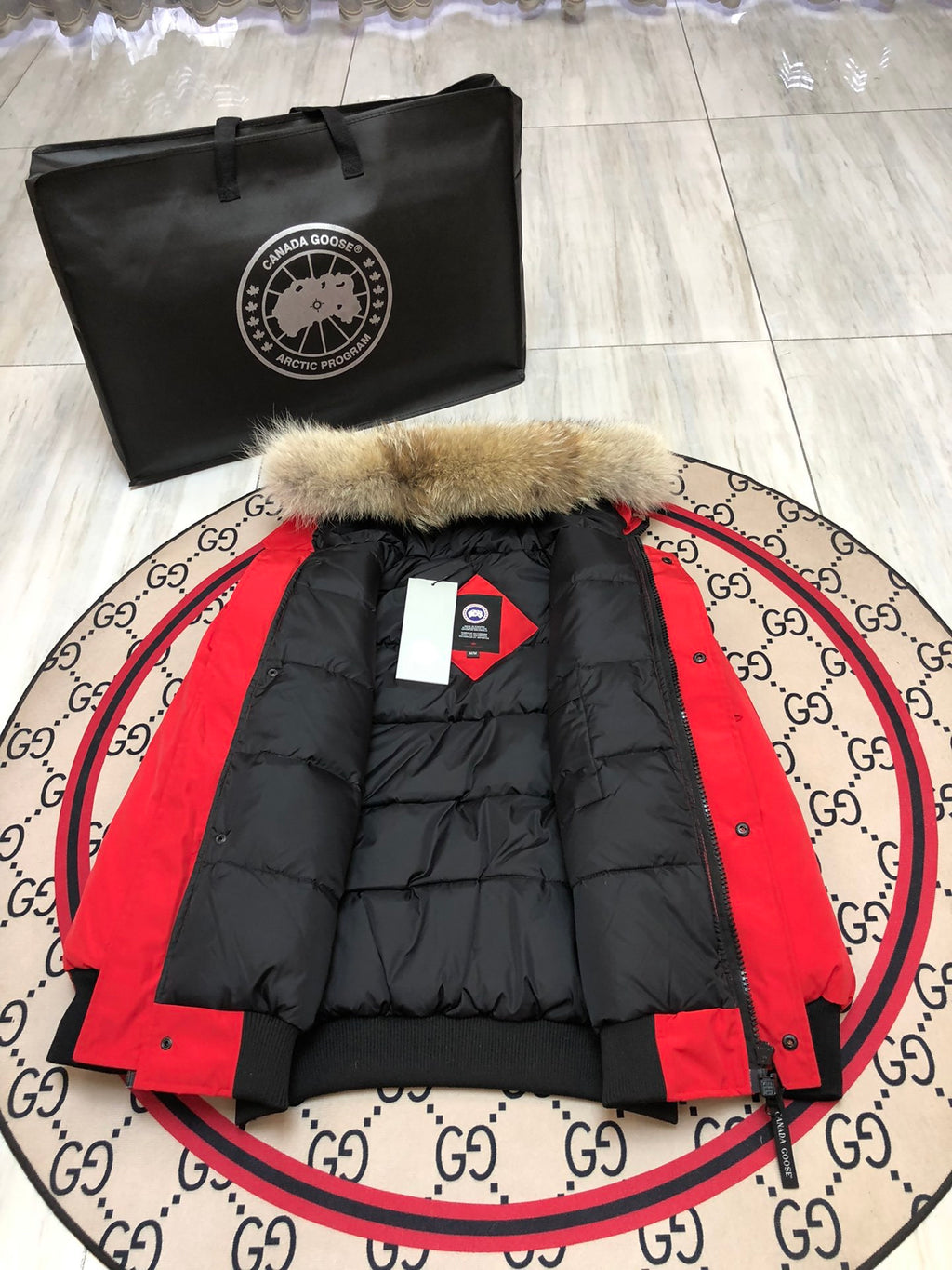 Canada Goose Red Plush-Trim Hooded Bomber Jacket