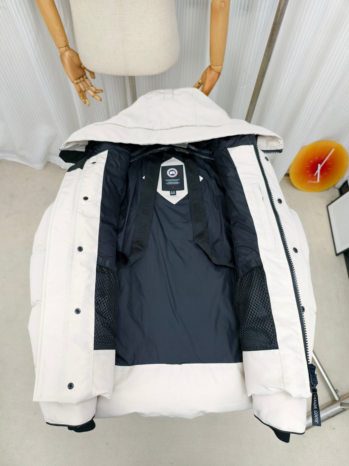 Canada Goose Hooded Puffer Jacket in White with Plush Hood Trim