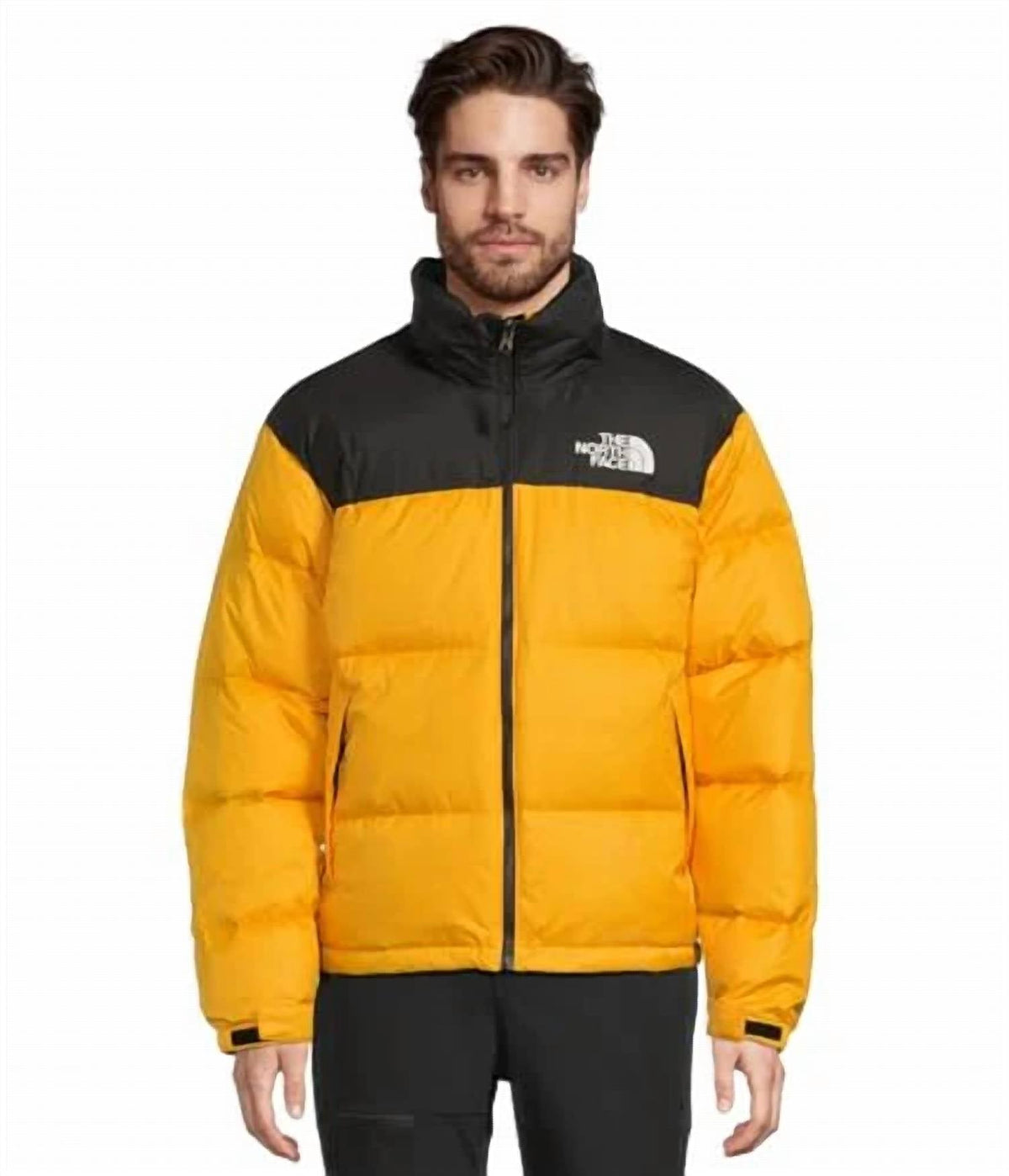 The North Face Yellow and Black Colorblock Puffer Jacket
