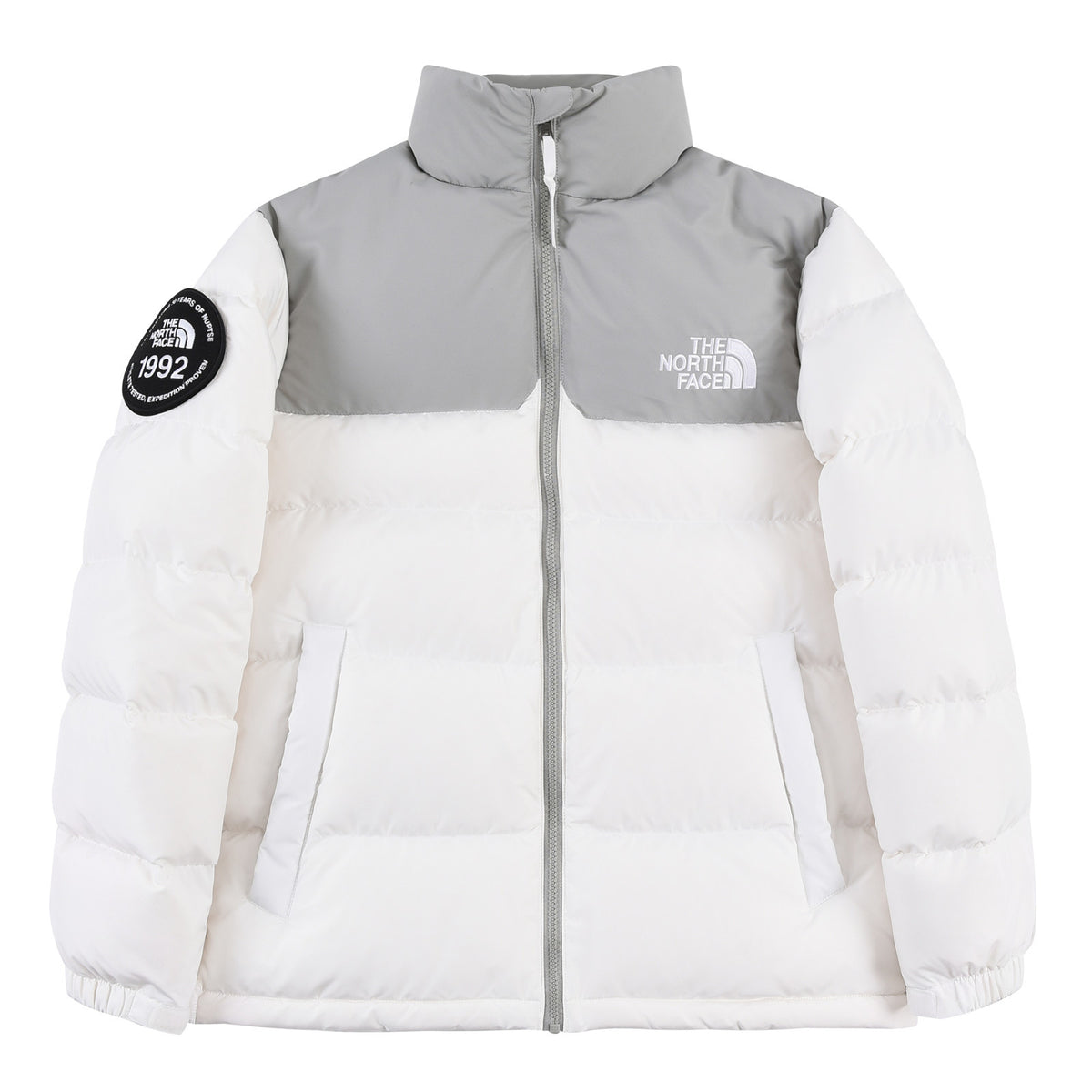 The North Face White and Gray Colorblock Nuptse Puffer Jacket
