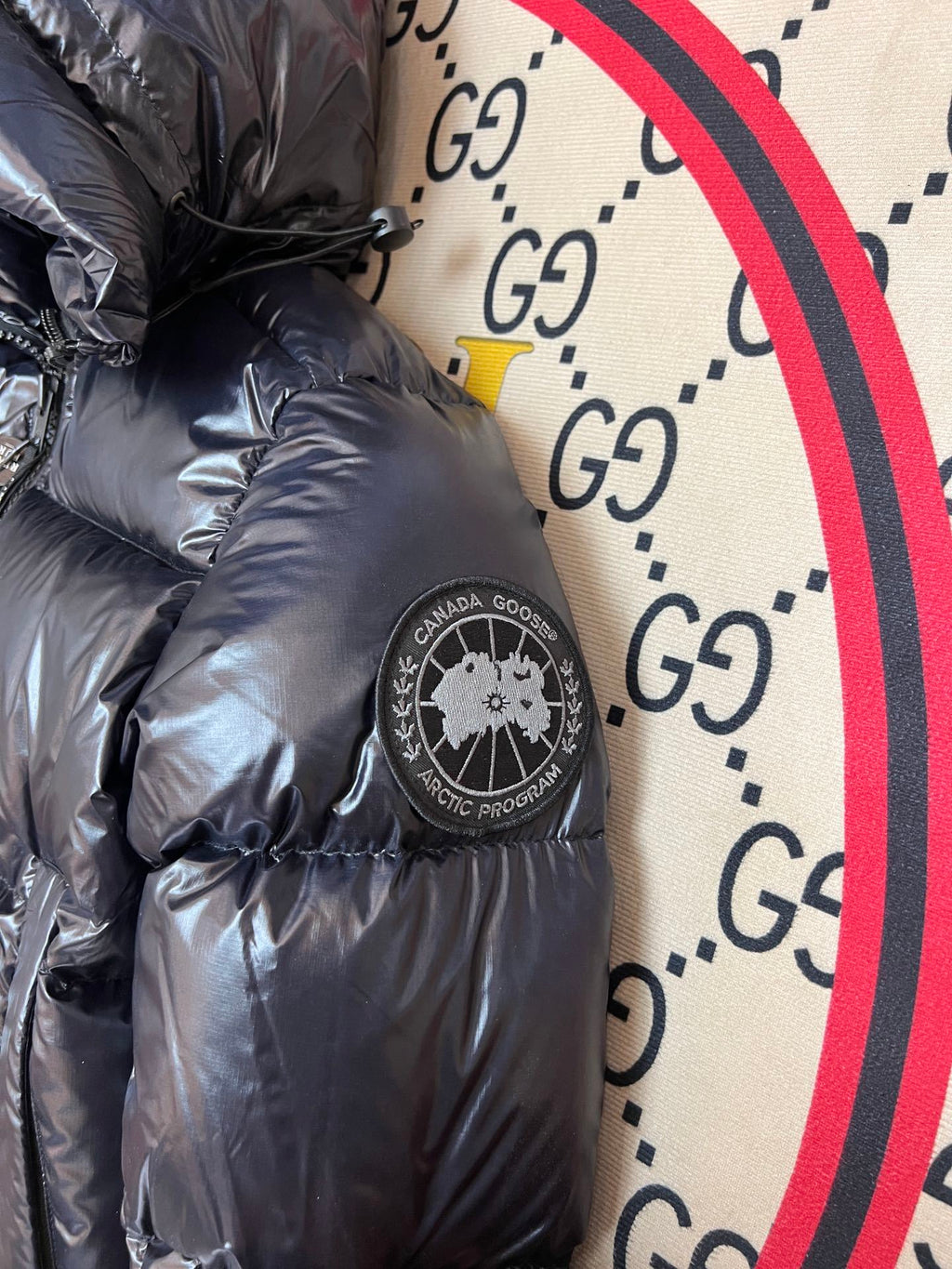 Canada Goose Hooded Puffer Jacket in Black with Glossy Finish