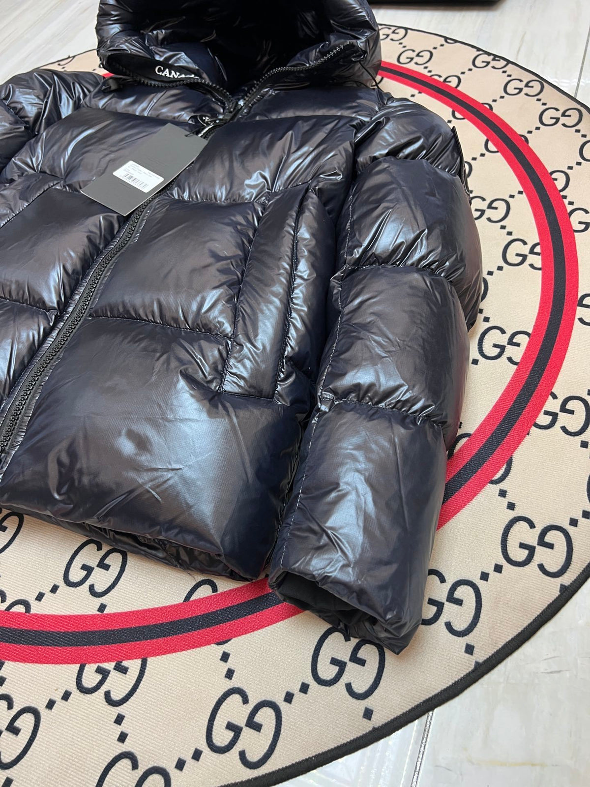 Canada Goose Hooded Puffer Jacket in Black with Glossy Finish