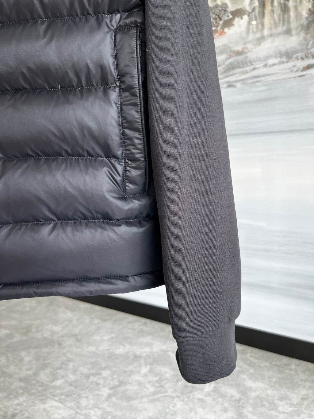 Moncler Black Striped Hooded Hybrid Quilted Jacket