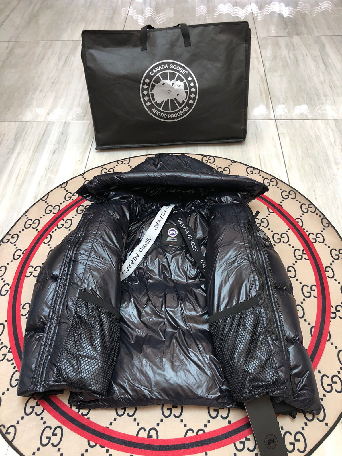 Canada Goose Hooded Puffer Jacket in Black with Glossy Finish