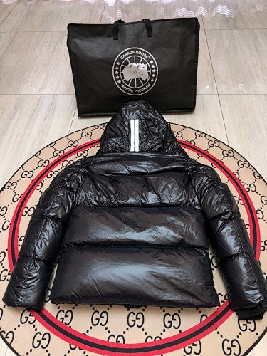Canada Goose Hooded Puffer Jacket in Black with Glossy Finish