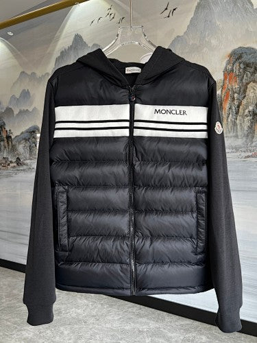 Moncler Black Striped Hooded Hybrid Quilted Jacket