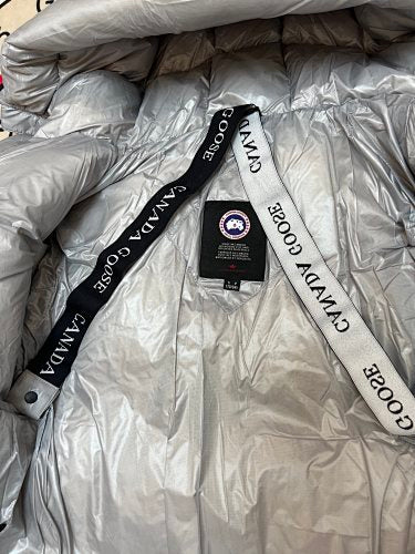 Canada Goose Hooded Puffer Jacket in Silver with Black Logo Patch