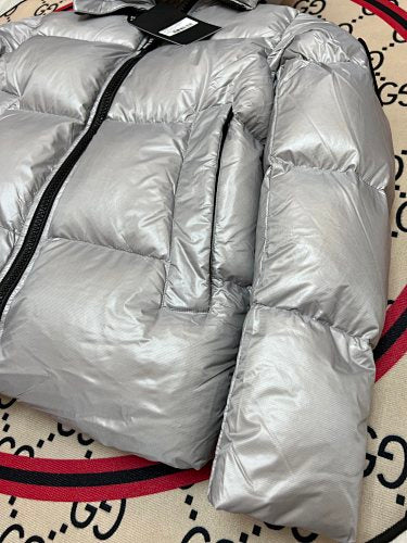 Canada Goose Hooded Puffer Jacket in Silver with Black Logo Patch