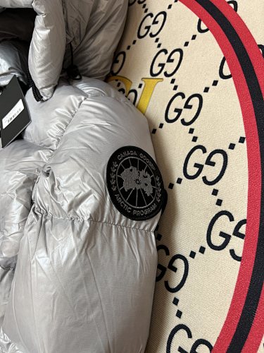 Canada Goose Hooded Puffer Jacket in Silver with Black Logo Patch