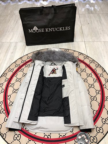 Moose Knuckles Light Gray Plush-Trim Hooded Parka