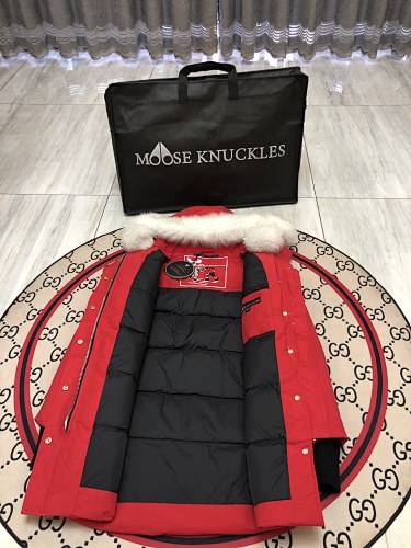 Moose Knuckles Red White-Trim Hooded Parka