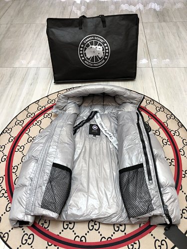Canada Goose Hooded Puffer Jacket in Silver with Black Logo Patch