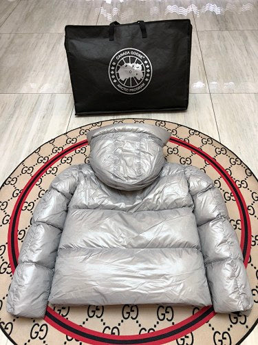 Canada Goose Hooded Puffer Jacket in Silver with Black Logo Patch