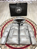 Canada Goose Hooded Puffer Jacket in Silver with Black Logo Patch