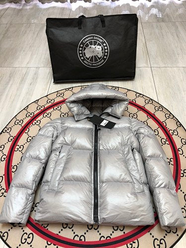 Canada Goose Hooded Puffer Jacket in Silver with Black Logo Patch