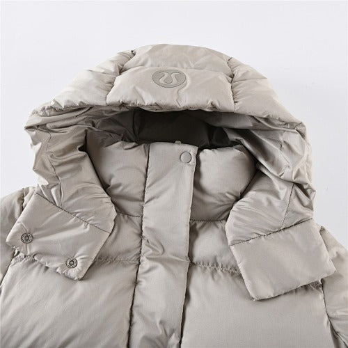 lululemon Cropped Puffer Jacket in Light Greige with Hood and Tonal Logo