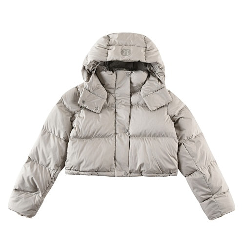 lululemon Cropped Puffer Jacket in Light Greige with Hood and Tonal Logo