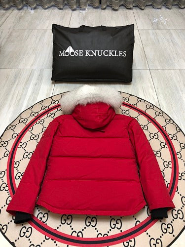 Moose Knuckles Red Chest-Zip Plush-Trim Hooded Parka