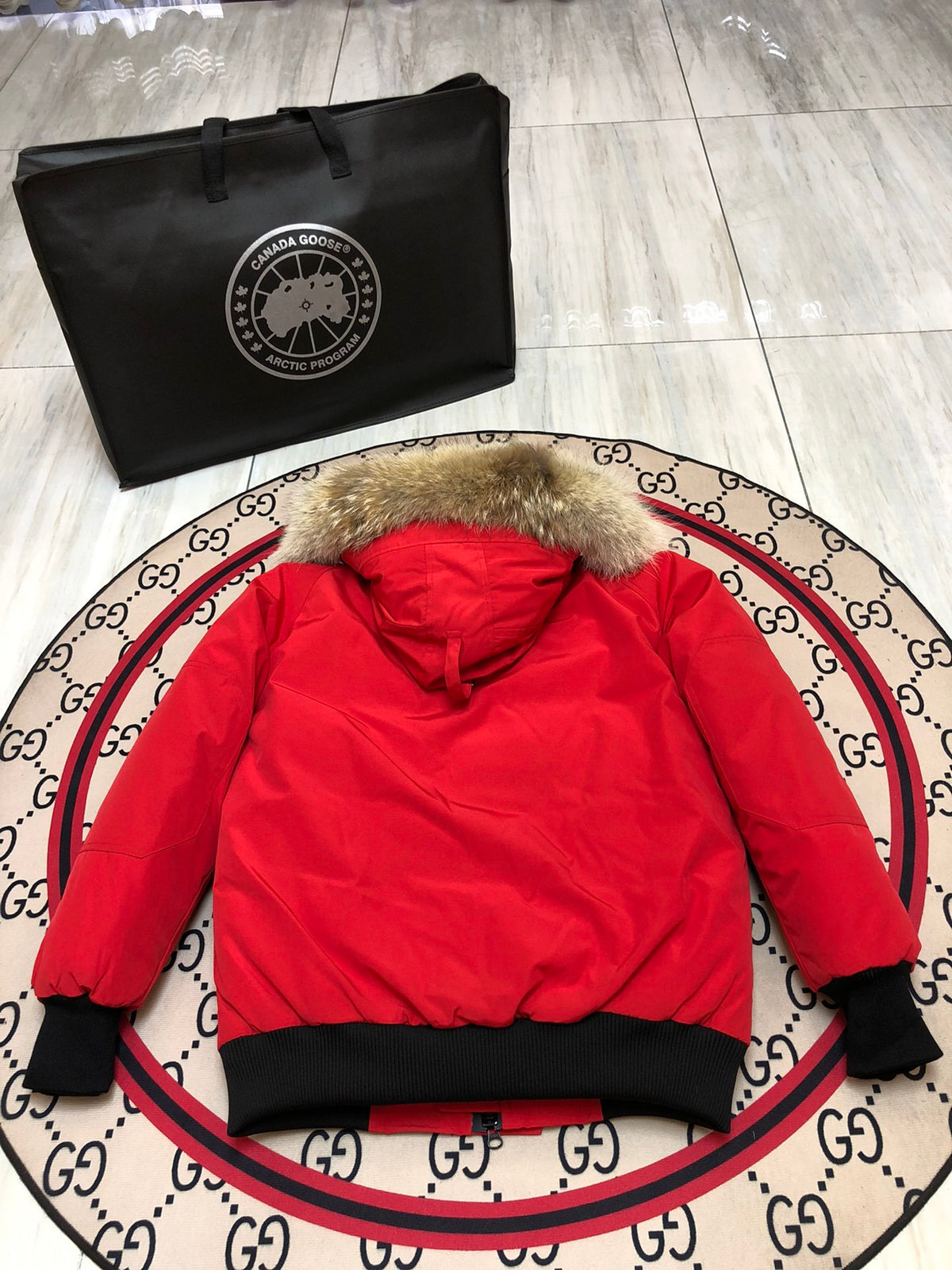 Canada Goose Red Plush-Trim Hooded Bomber Jacket
