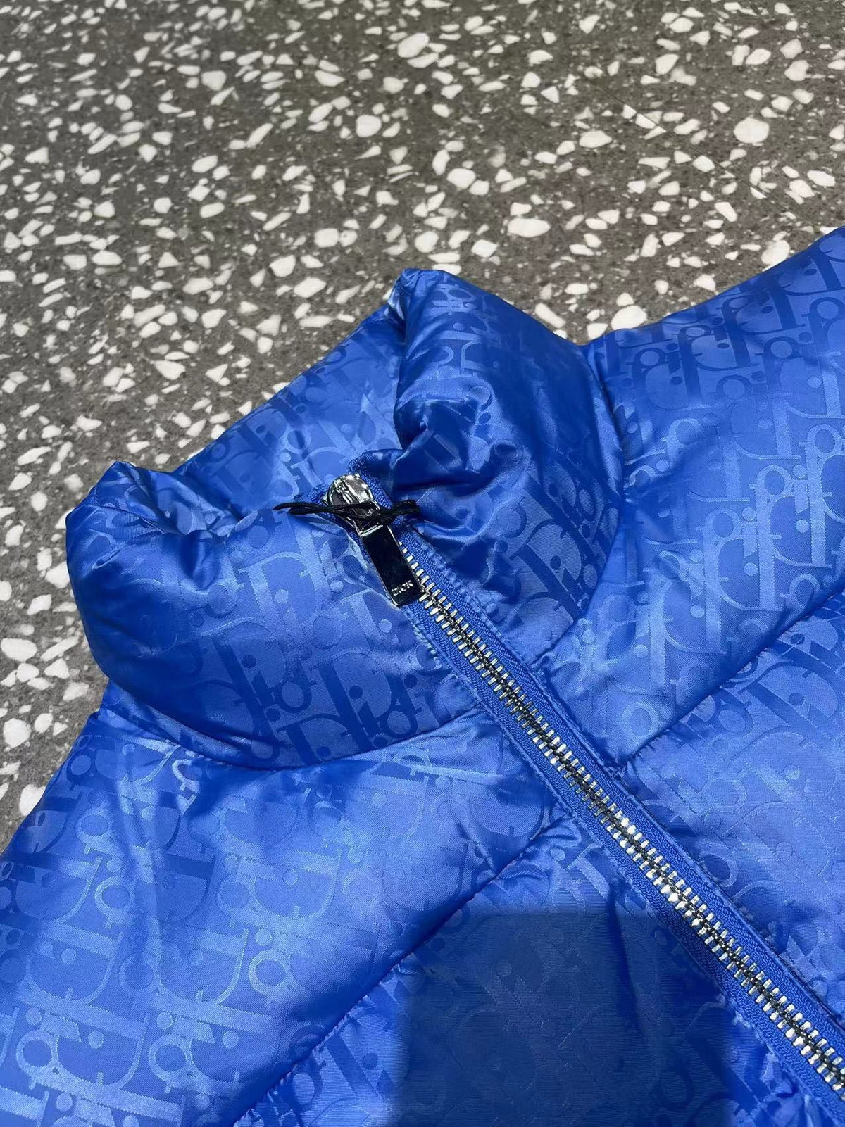 Dior Puffer Vest in Royal Blue with Stand Collar and Tonal Monogram
