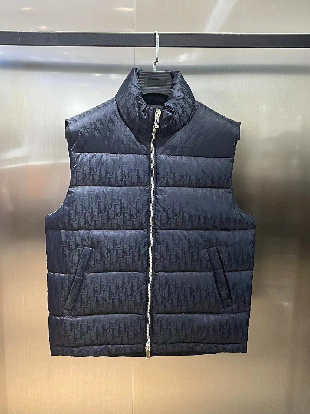 Dior Puffer Vest in Black with Stand Collar and Tonal Monogram