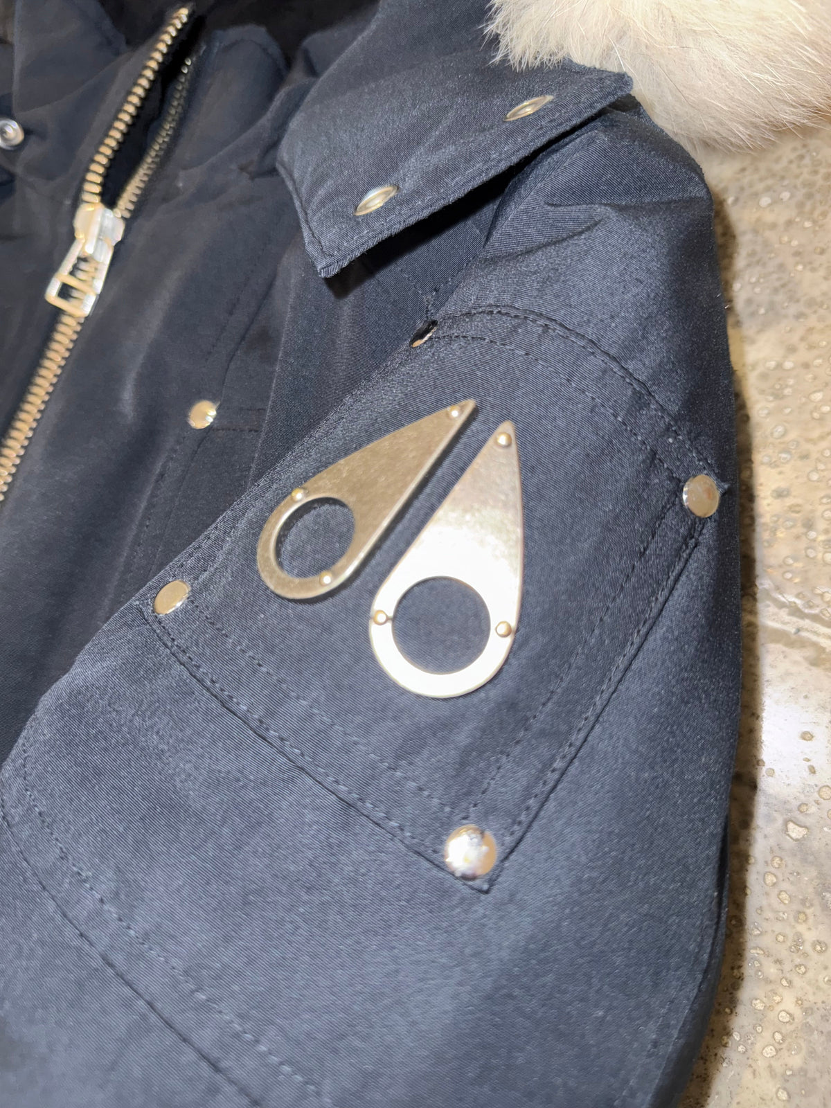 Moose Knuckles Navy Cream-Trim Hooded Bomber Jacket