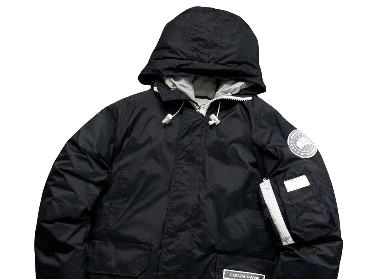 Canada Goose Hooded Jacket in Black with White Trim and Sleeve Pocket