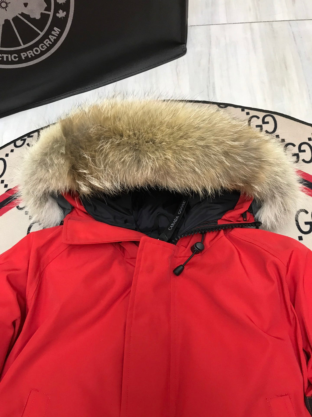Canada Goose Red Plush-Trim Hooded Bomber Jacket