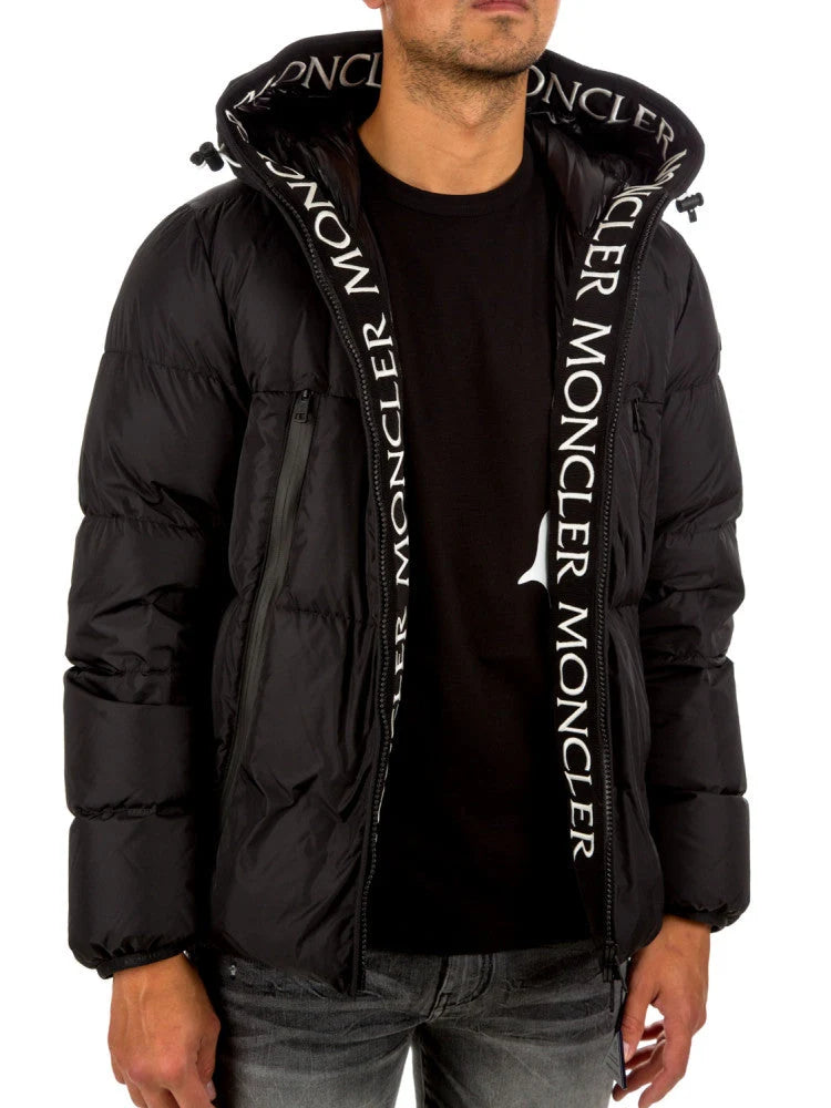 Moncler Black Hooded Puffer Jacket with Logo Trim