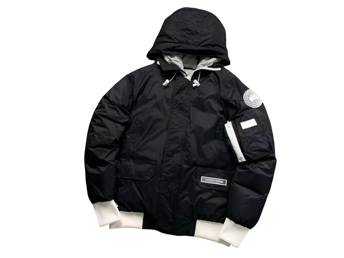 Canada Goose Hooded Jacket in Black with White Trim and Sleeve Pocket