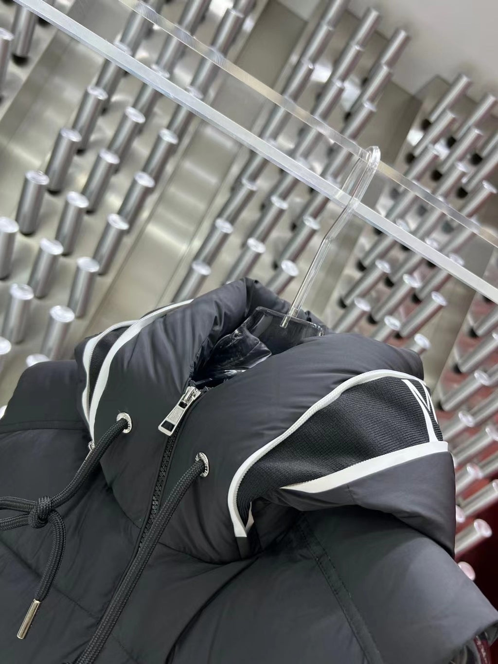Moncler Hooded Puffer Vest in Black with White Trim
