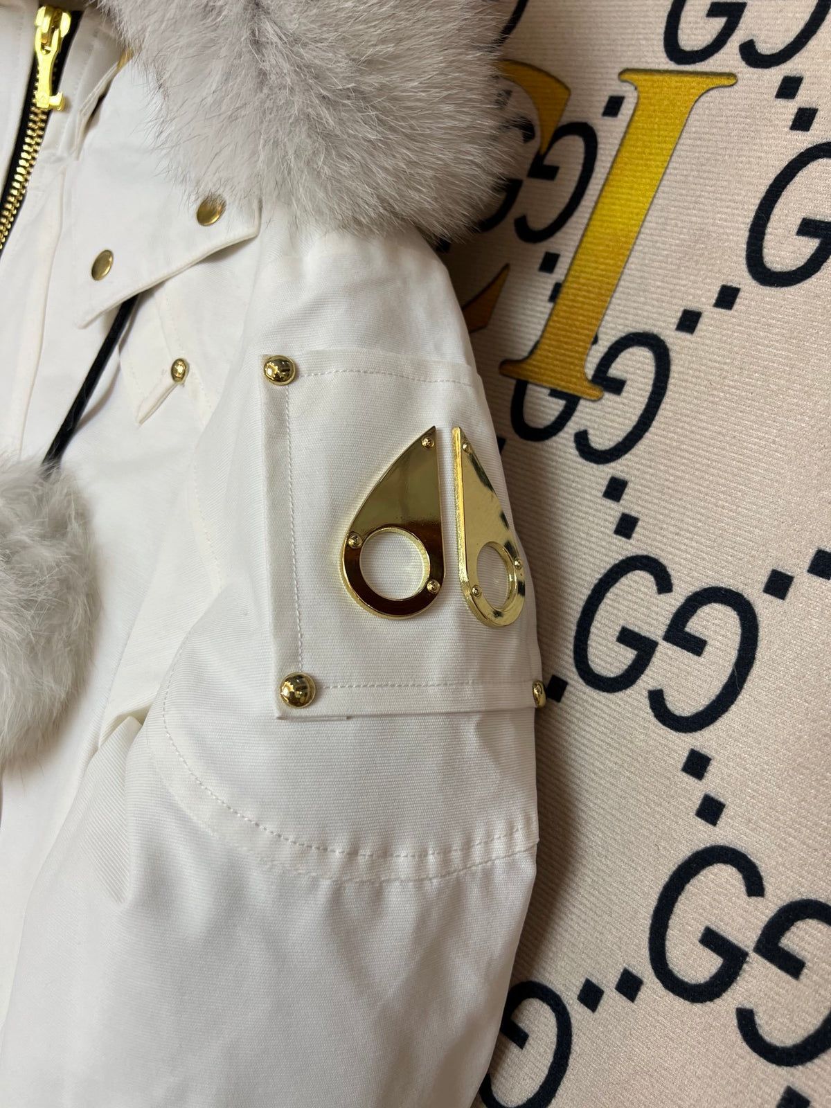 Moose Knuckles White Plush-Trim Hooded Bomber Jacket
