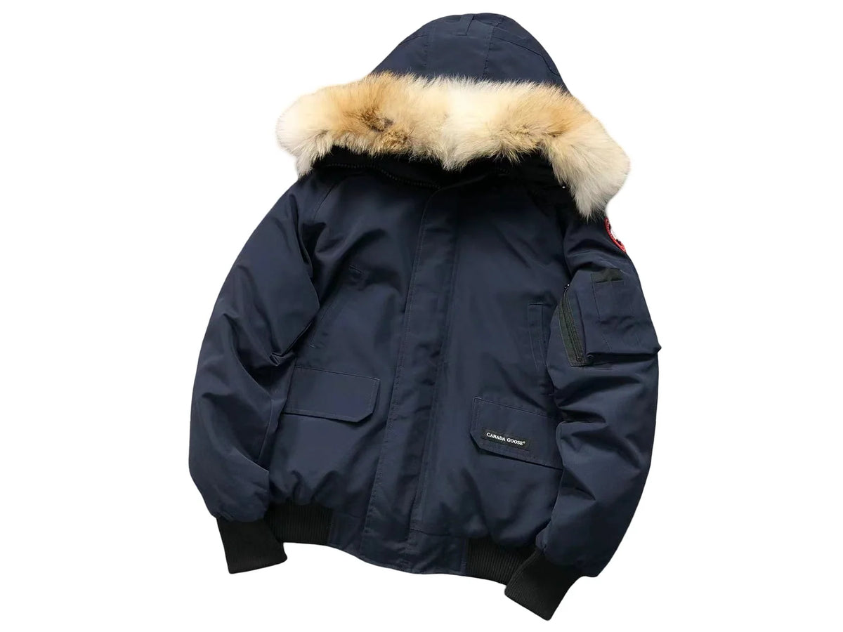 Canada Goose Hooded Jacket in Navy Blue with Plush Hood Trim