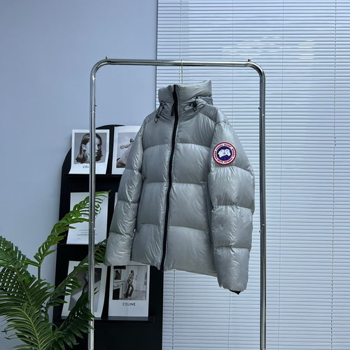 Canada Goose Hooded Puffer Jacket in Silver with Classic Logo Patch