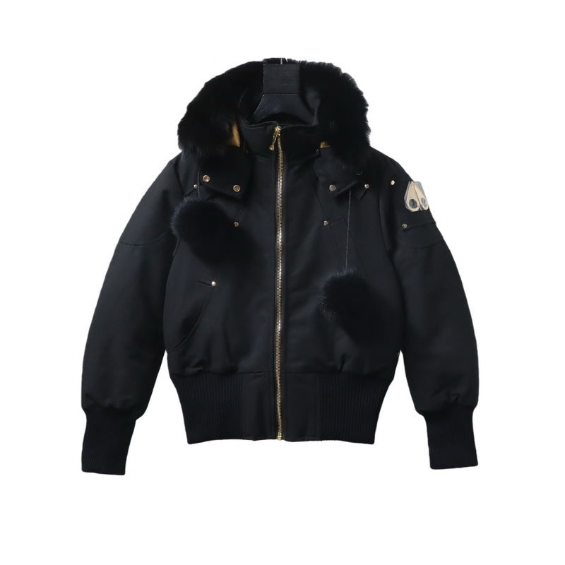 Moose Knuckles Black Plush-Trim Hooded Bomber Jacket