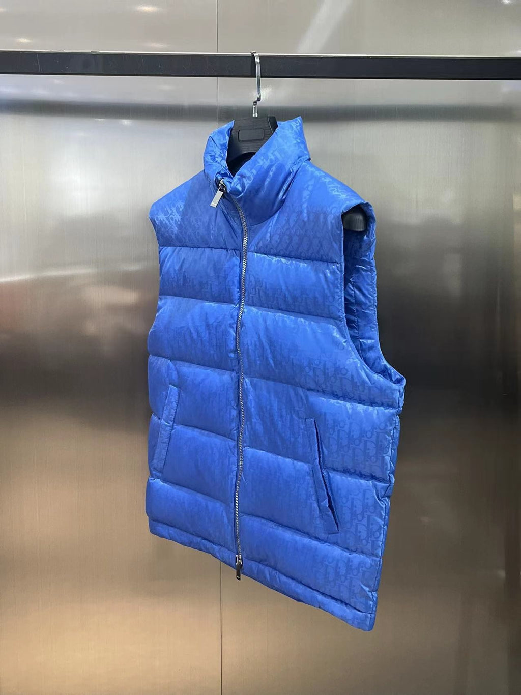 Dior Puffer Vest in Royal Blue with Stand Collar and Tonal Monogram