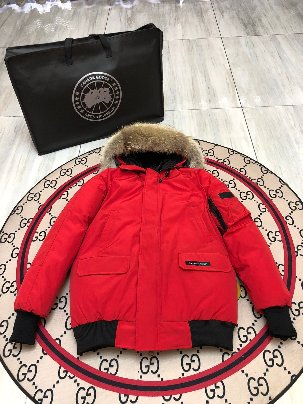 Canada Goose Red Plush-Trim Hooded Bomber Jacket