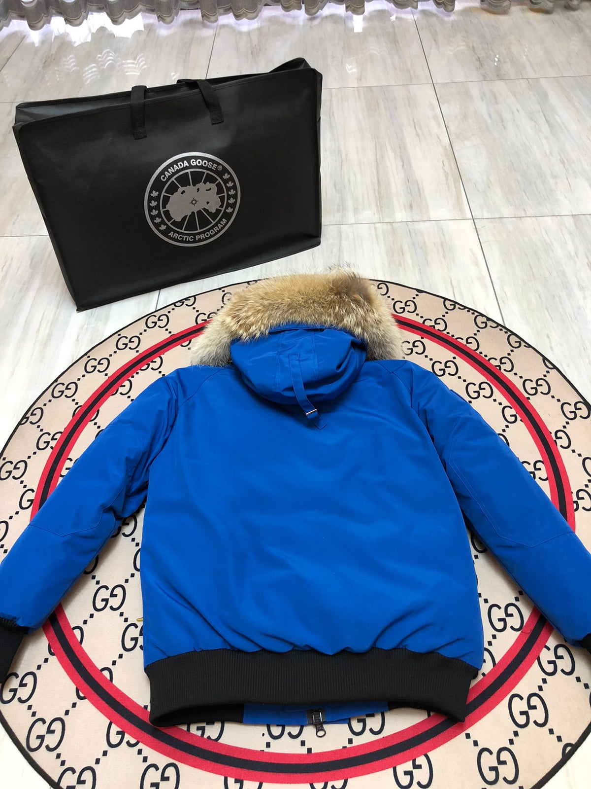 Canada Goose Royal Blue Plush-Trim Hooded Bomber Jacket