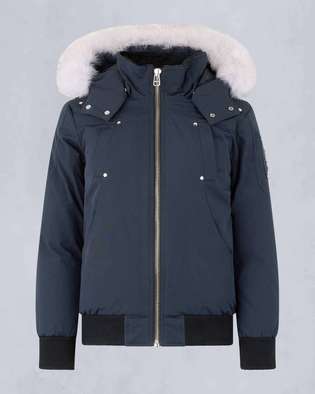 Moose Knuckles Navy Cream-Trim Hooded Bomber Jacket