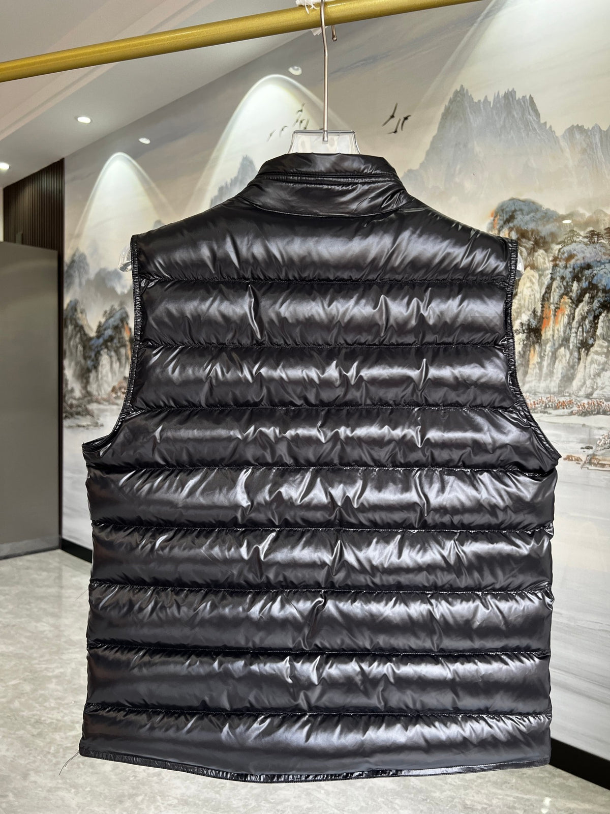 Moncler Puffer Vest in Black with Glossy Finish and Stand Collar