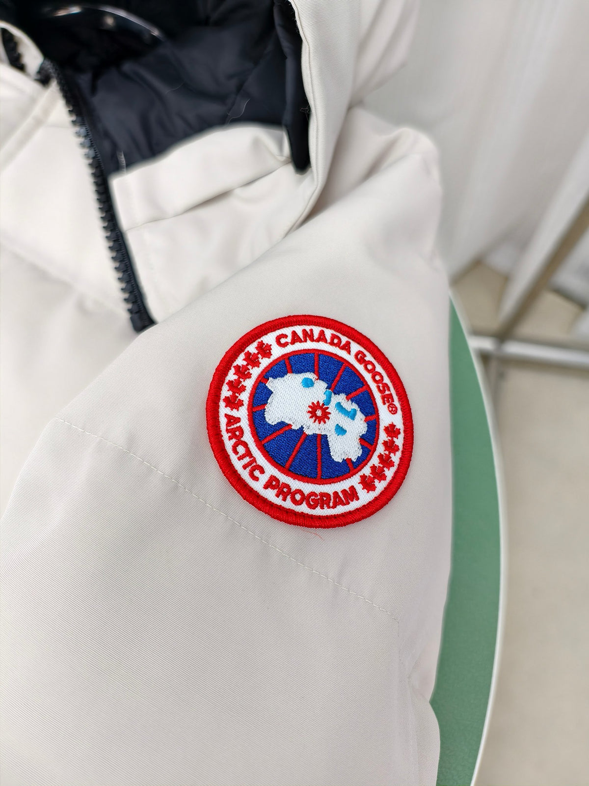 Canada Goose Hooded Puffer Jacket in White with Plush Hood Trim