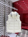 Moncler Hooded Puffer Vest in White with Black Trim