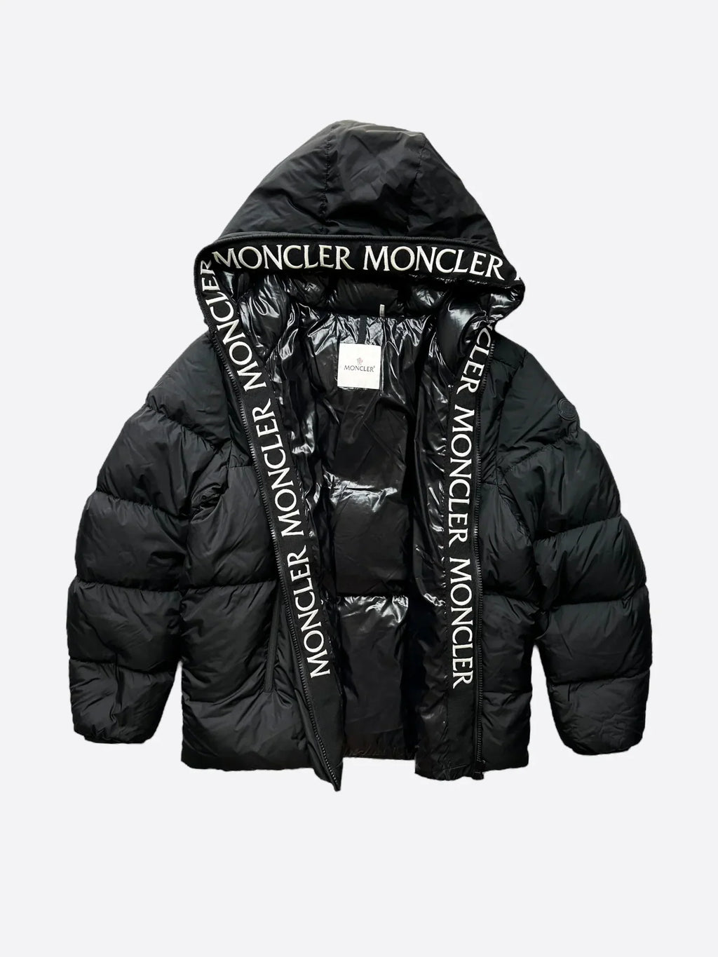 Moncler Black Hooded Puffer Jacket with Logo Trim