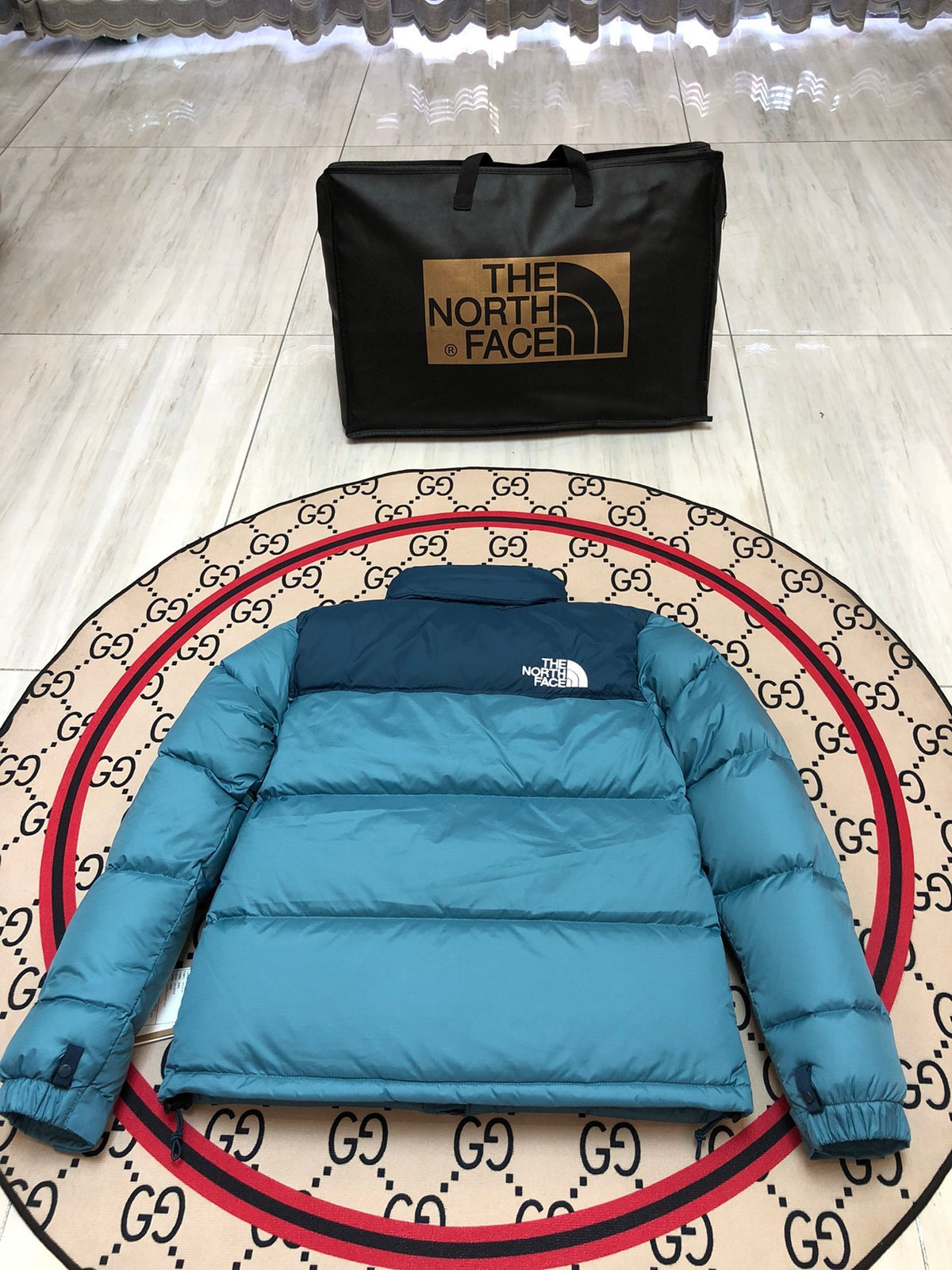 The North Face Teal and Navy Colorblock Puffer Jacket