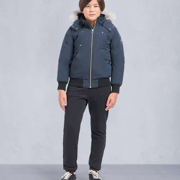 Moose Knuckles Navy Cream-Trim Hooded Bomber Jacket
