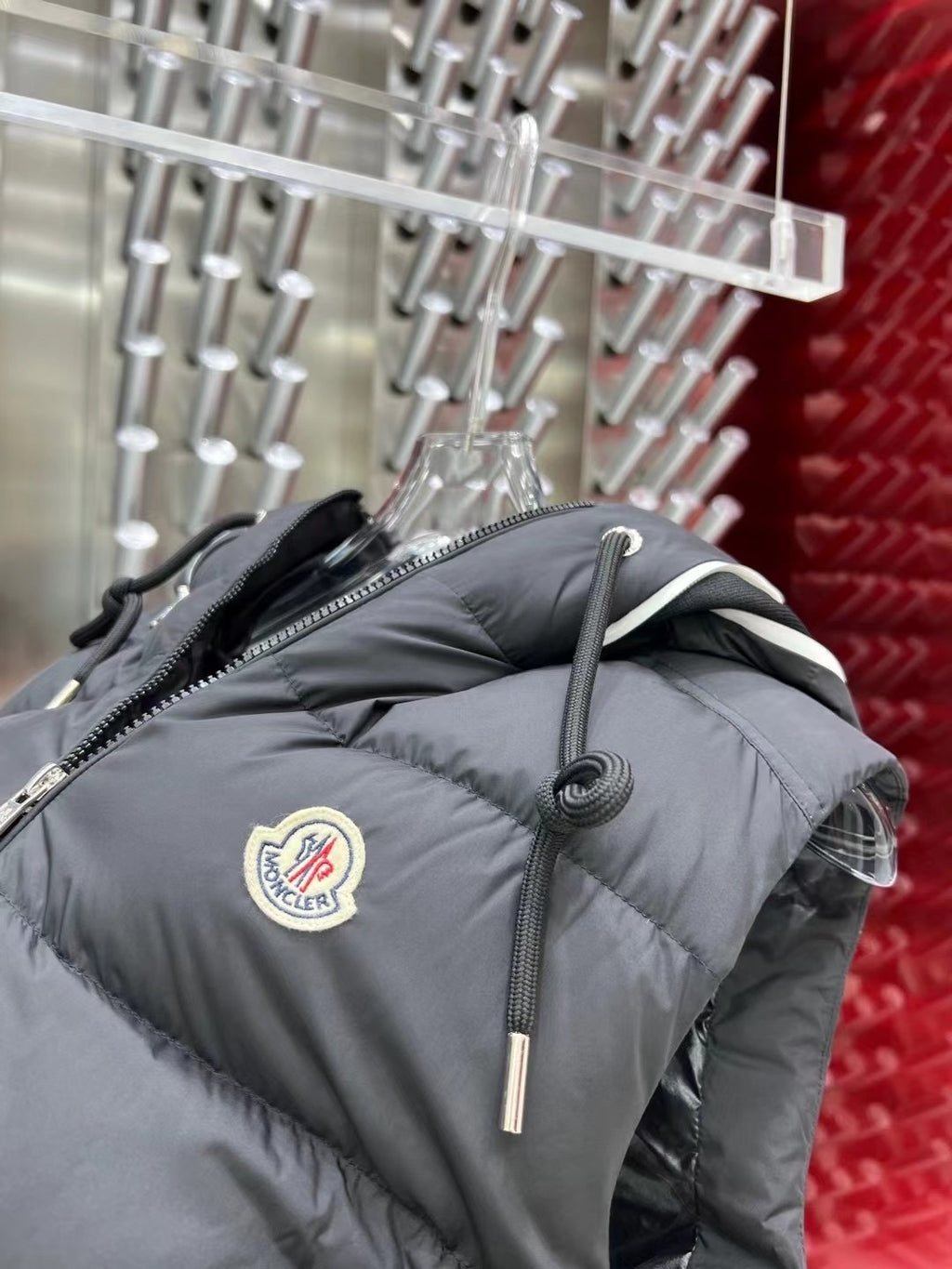 Moncler Hooded Puffer Vest in Black with White Trim
