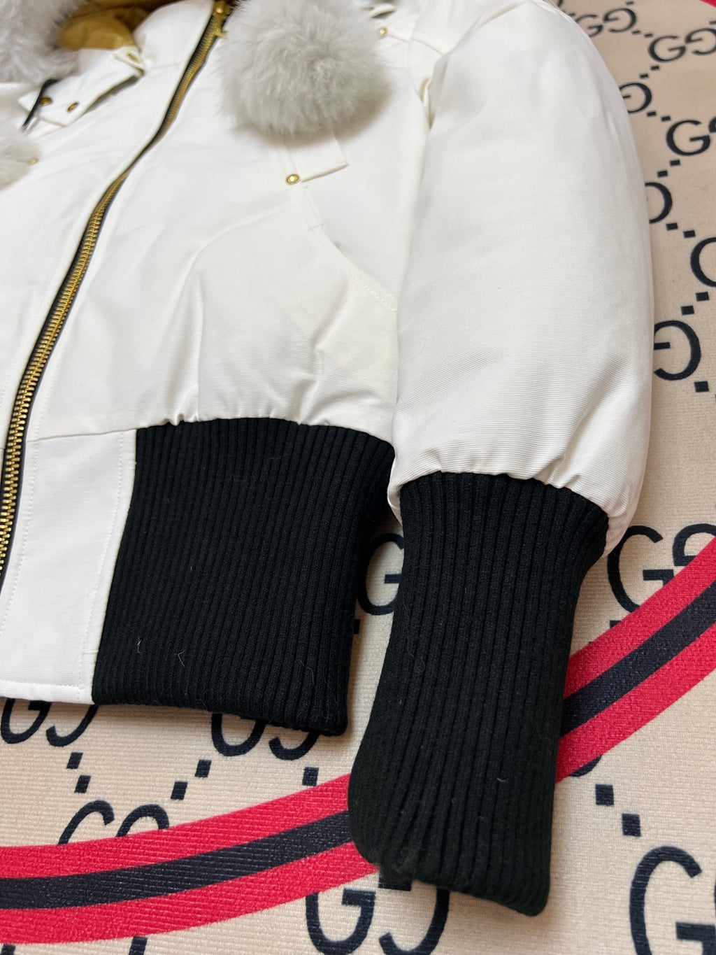 Moose Knuckles White Plush-Trim Hooded Bomber Jacket
