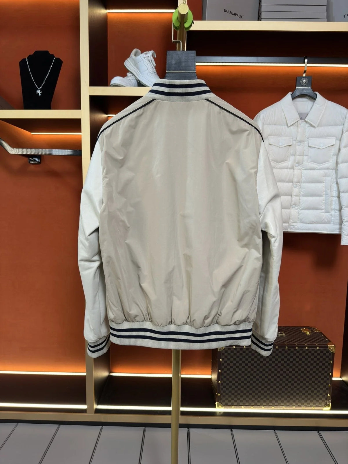 Moncler Beige Varsity Bomber Jacket with Contrast Sleeves