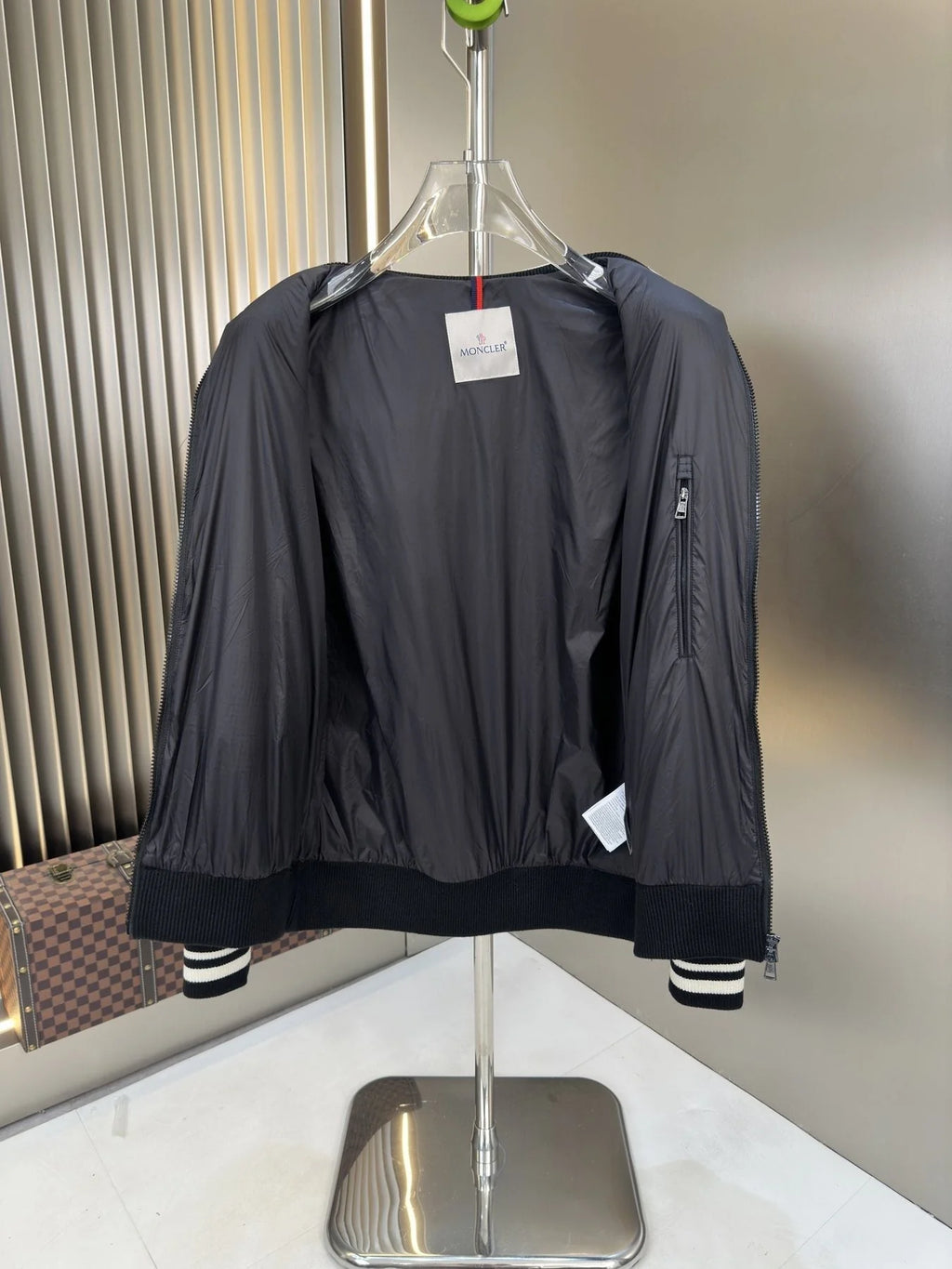 Moncler Knit Bomber Jacket with Quilted Back and Striped Trim