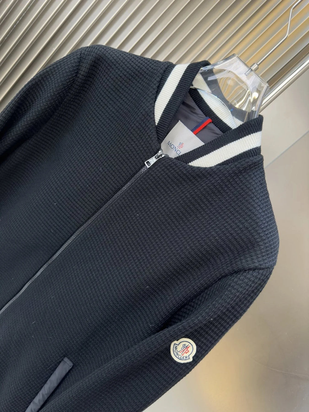 Moncler Knit Bomber Jacket with Quilted Back and Striped Trim